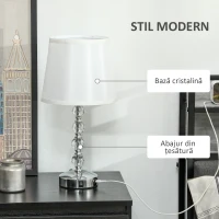 HOMCOM Lampă de masă cu cristale și port USB, din metal, sticlă și poliester, Ø23x45 cm, alb și argintiu(m-4)