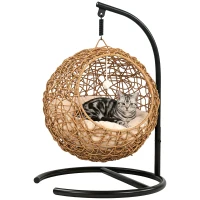 PawHut Katzenbett Rattan Katzenhöhle mit Waschbarem Kissen und Spielball, für Katzen bis 10 kg, 45 x 41 x 75 cm, Hellbraun(m-12)
