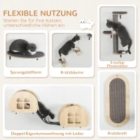PawHut Kletterwand Katzen 7-teilig Katzen Kletterwand Set mit Sisalpfostenleiter, Plattform Kratzbaum Grau(m-5)