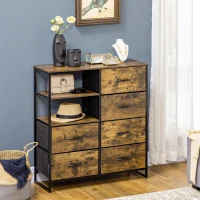 HOMCOM Kommode mit sechs Schubladen, offene Regale, MDF und Stahl, 84x30x92 cm, Braun/Schwarz, verstellbare Füße(m-2)