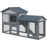 PawHut Clapier cage à lapins rongeurs 2 niveaux clapier lapin nain avec 3 portes verrouillables tiroir à déjection toit intégral bitumé 147L x 54l x 84H cm bois massif pin gris(m-11)