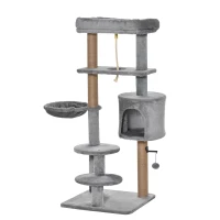 PawHut Árvore Arranhador para Gatos com Plataforma Caverna Rede postes de Juta Corda e Bola Suspensa 48x48x120 cm Cinza(m-12)
