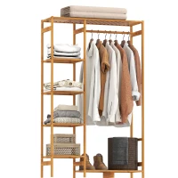 HOMCOM Suporte para Cabides de Bambu com Prateleira de Armazenamento de 6 Níveis e Vara Supensa 90x30x145 cm Madeira(m-1)