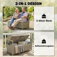 Outsunny Gartenbank Polyrattan 170L 2-Sitzer Sitzbank mit Stauraum abnehmbar Kissen Reißverschluss-Innenauskleidung Holz-Armlehne(m-4)