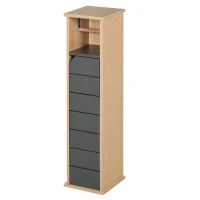 HOMCOM Badezimmerschrank mit höhenverstellbarem Regal Badmöbel mit Tür Toilettenpapier Handtuchhalter versteckter Griff MDF Bambus Braun+Grau 18 x 18 x 75 cm(m-1)