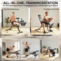 SPORTNOW Hantelbank verstellbar bis 300 kg 3 in 1 Trainingsbank mit Rollen Beinstrecker Curlpult Kopfstütze Widerstandsbändern(m-4)