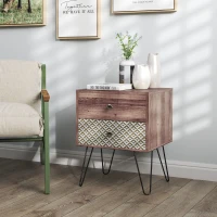 HOMCOM Mesa de Cabeceira com 2 Gavetas Pés de Aço Estilo Boémio Mesa de Cabeceira para Quarto Sala de Estar 45x39x55,5 cm Marrom(m-10)