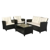 Outsunny Gartenmöbel-Set. 4-tlg., 2 Sessel, 1 Sofa, 1 Couchtisch, abnehmbare Polster, PE-Rattan, Schwarz(m-12)