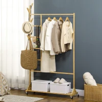 HOMCOM Suporte para Cabides de Bambu com Rodas Porta Cabides Multifuncional com 6 Ganchos Barra e Prateleira 100x37x191 cm Madeira(m-10)