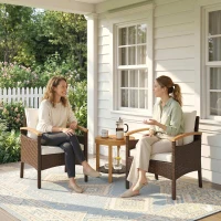 Outsunny Rattan Bistroset 3 teiliges FSC Gartenmöbel-Set mit 2 Sessel, 2-Ebene Holz-Tisch, dicke waschbare Kissen(m-9)