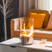 HOMCOM Biokamin Ethanol Kamin Bio Ethanol Brenner 0,4L Brenndauer kein Rauch mit Feuerlöschhaken Edelstahl gehärtetes Glas Silber 23 x 23 x 39 cm(m-2)