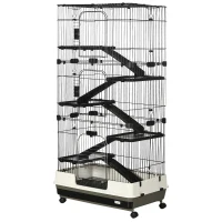 PawHut Cage pour lapin enclos à 5 niveaux avec 3 portes 5 rampes plateau amovible roulettes 81 x 52,5 x 159 cm noir et gris(m-12)