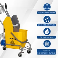 HOMCOM Carro de Limpeza Balde para Esfregona com Escorredor a Pressão Rodas e Cesto de Armazenamento Capacidade 26L 73x45x95 cm Amarelo(m-7)