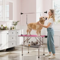 PawHut Mesa de Peluquería Canina Plegable con Cesta Metálica Barra de Acero Inoxidable Ajustable 107x60x164 cm Rosa(m-10)