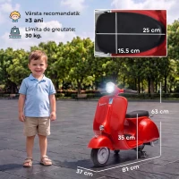 AIYAPLAY Motocicletă Electrică pentru Copii 3+ Ani, licență VESPA, 6V, cu roți ajutătoare detașabile, max. 30 kg, Roșu(m-3)