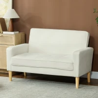 HOMCOM Sofá de 2 Lugares Estofado em Veludo com Assento Capitonê e Pés em Madeira para Espaços Pequenos 130x74,5x82 cm Creme(m-10)