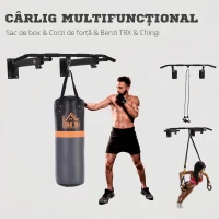 HOMCOM Bară de Tracțiuni pentru Perete 2 în 1 cu 3 Mânere Diferite, din Oțel, 93,5x65x17 cm, Negru(m-5)