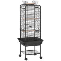 PawHut Gaiola para Pássaros com Rodas Poleiros Comedouros Prateleira e Bandeja Amovível 62,5x62,5x146 cm Cinza Escuro(m-1)