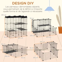 PawHut Cage parc enclos pour petits animaux chats lapins modulable 3 niveaux 2 portes rampe fil métallique 105 x 70 x 116 cm noir(m-4)