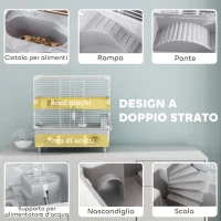PawHut Gabbia per Criceti a 2 Livelli e 3 Porte con Ruota e Tubi, in Acciaio, PS e PP, 44.5x28x44 cm, Grigio e Bianco(m-3)