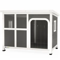 PawHut Căsuță pentru câini cu ferestre și intrare cu perdea, din lemn de brad, 90x62x71 cm, gri deschis(m-12)