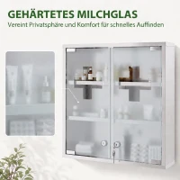 HOMCOM Armário de Medicamentos de Parede com Fechadura, Portas de Vidro, Prateleiras e 2 Chaves para Casa de Banho e Cozinha 46x12x48 cm Prateado(m-6)