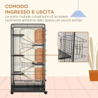 PawHut Gabbia per Piccoli Animali con Ruote, 5 Rampe e 5 Piattaforme, Ciotola e Bottiglia, 61.5x44x131 cm, Nero(m-7)