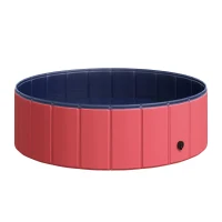 PawHut Hundebadewanne faltbar Hundepool Schwimmbecken Swimmingpool Plantschbecken Badewanne für Hunde & Katzen Wasserbecken aus Kunststoff, Holz Ø100 x H30 cm Rot(m-11)