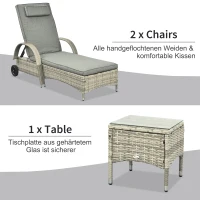 Outsunny Sonnenliege 3er-Set verstellbar Gartenliege Set mit Tisch Gartenmöbel aus Polyrattan Grau(m-5)