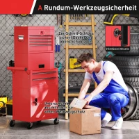 HOMCOM Rollbarer Werkzeugschrank, 6 Schubladen, 2 Schränke, Stahl, verschließbar, Rot(m-7)