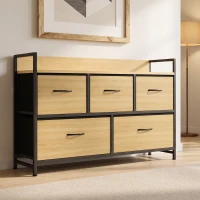 HOMCOM Commode, meuble de rangement avec 5 tiroirs en tissu pliables, plateau et cadre en acier, 98 x 29 x 63 cm, chêne(m-2)