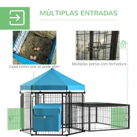 PawHut Galinheiro de Metal para 6-10 Galinhas Galinheiro Resistente para Exterior com Toldo Grade de Arame Ninho Teto Abatível e Portas 201,5x156x120cm Preto e Azul(m-6)