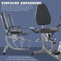 HOMCOM Liegeergometer mit LCD-Anzeige 8 stufig einstellbarem Magnetwiderstand Liegefahrrad Heimtrainer mit Herzfrequenzsensoren, verstellbarer Rückenlehne, Sitzergometer für Senioren bis 110 kg(m-5)