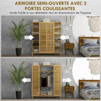 HOMCOM Armoire en bambou avec 2 portes coulissantes, étagères et tringle, grande armoire pour la chambre, 145 x 35 x 165cm(m-5)
