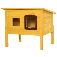 PawHut Maison pour chat en bois niche d'extérieur toit résistant à l'eau avec porte et fenêtre jaune(m-12)