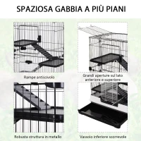 PawHut Gabbia a 3 Piani in Metallo con Vassoio per Roditori, Conigli e Furetti con 4 Ruote, 81.2x52.7x114cm, Nera(m-4)