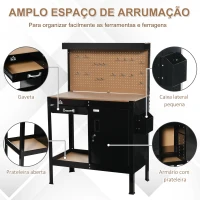 HOMCOM Bancada de Trabalho 98,5x48x140 cm Mesa de Trabalho com Painel Perfurado Gaveta Prateleira e Armário com Fechadura Preto(m-5)