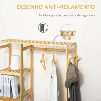 HOMCOM Suporte para Cabides de Bambu Cabideiro com Prateleiras de 4 Níveis com Barra Prateleira Inferior e Cabide Lateral 90x30x155cm Madeira(m-7)