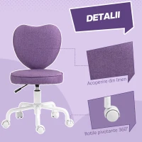HOMCOM Scaun de Birou cu Spătar în Formă de Inimă, 5 Roți și Înălțime Reglabilă, din Material Textil, 40x50x79-89 cm, Mov(m-6)