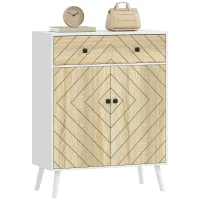 HOMCOM Sapateira de 2 Portas com Design em Espiga Prateleiras Ajustáveis Gaveta para 12 Pares de Sapatos 75x35x97 cm, Branco e Madeira(m-11)