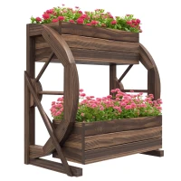 Outsunny Jardinieră din Lemn pentru Exterior pe 2 Niveluri cu 3 Ghivece și Roți de Car în Stil Rustic, 55x32x56cm(m-11)