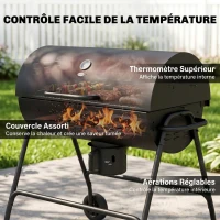 Outsunny Barbecue au charbon de bois BBQ avec couvercle, grille et thermomètre, avec roues, poignée, 95 x 71,5 x 102 cm, noir(m-5)