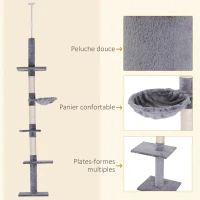 PawHut Arbre chat du sol au plafond poteau à griffer L40 x l 34 x H 230-260 cm 5 niveaux d'activités gris(m-6)