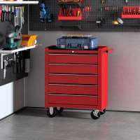 HOMCOM Carrello Porta Utensili con 5 Cassetti, Serratura, 2 Chiavi e Manubrio Parete Smontabile 2 Ruote con Freno in Lamiera d'Acciaio EVA Rosso 67,5x33x77cm(m-10)