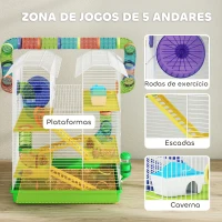 PawHut Gaiola para Hamster de 5 Níveis 47x30x59 cm com Túneis Tigela Bebedouro Casinha Roda de Exercício Rampas Verde(m-4)