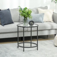 HOMCOM Runder Beistelltisch mit Glasplatte und Metallrahmen, kleiner Kaffeetisch für Wohnzimmer, Schlafzimmer, Schwarz(m-10)