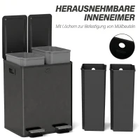 HOMCOM Papeleira de Cozinha em Aço Inoxidável com 2 Compartimentos 2x20L Pedal, Tampas de Fecho Suave e Balde Removível Preto(m-7)