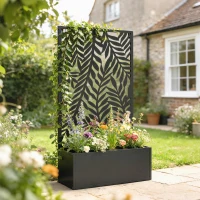 Outsunny Blumenkasten mit Sichtschutz Pflanzkasten mit Rankgitter tropischen Blattmotiven 61 x 23 x 113 cm Schwarz(m-10)