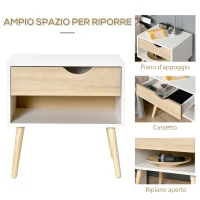 HOMCOM Set di 2 Set de 2 Noptiere Moderne cu Sertar şi  Etajera, Baza Înalţata şi Picioare din Lemn , 50x39x51cm, Alb şi Stejar (m-9)