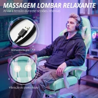 HOMCOM Cadeira Gaming Reclinável 155° com Suporte Lombar com Massagem Apoio de Cabeça e Apoio para os Pés 63x66x126-134 cm Azul Claro(m-4)